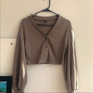 Soft brown button down Cozy sweater crop top with cute puffy sleeves
